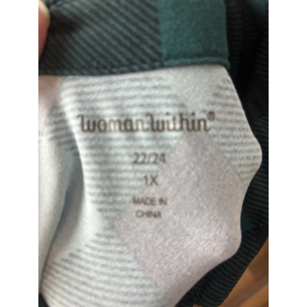 Woman Within 1X Buffalo Plaid Check Shirt Half Button Green/Black Long Sleeve